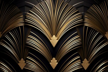 Golden art deco palm fan pattern with abstract geometric relief sculpture on black background. Modern elegant metallic luxury backdrop. Generative AI