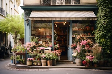 Fototapeta na wymiar Quaint Parisian scene featuring a charming street and a lovely flower shop. Generative AI