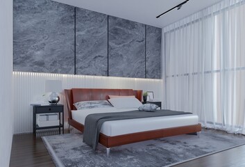 Modern Luxury Bedroom with apricot Color. 3D Illustration Render - obrazy, fototapety, plakaty
