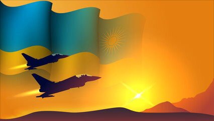 fighter jet plane with rwanda waving flag background design with sunset view suitable for national rwanda air forces day event