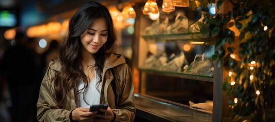 Fototapeta na wymiar Joyful young asian woman using mobile phone app for online shopping
