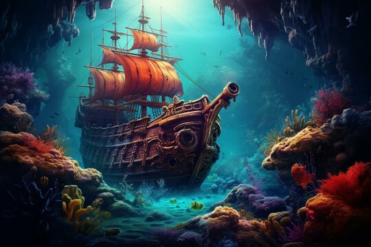 A picture of a pirate ship submerged underwater with vibrant corals and marine creatures. Generative AI