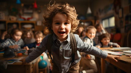 An energetic, happy kid with a backpack runs to the front of the classroom to participate - obrazy, fototapety, plakaty
