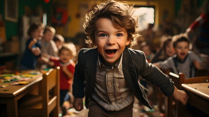 An energetic, excited young student runs to the front of a chaotic classroom. - obrazy, fototapety, plakaty