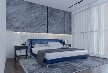 Modern Luxury Bedroom with Ocean Blue Color. 3D Illustration Render