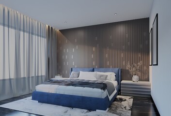 Modern Luxury Bedroom with Ocean Blue Color. 3D Illustration Render - obrazy, fototapety, plakaty
