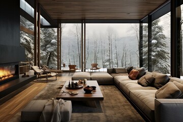 Elegant contemporary lounge overlooking wintry woods. Generative AI