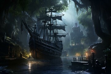 Dark-themed pirate ship port amid park scenery. Generative AI
