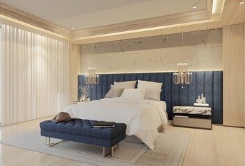Modern Luxury Bedroom with Ocean Blue Color. 3D Illustration Render - obrazy, fototapety, plakaty