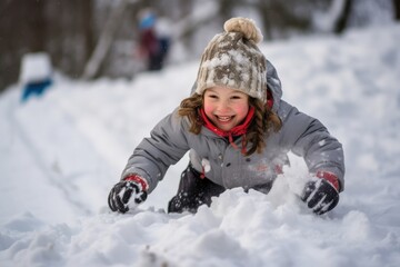 Fototapeta na wymiar child playing in pile snow