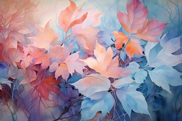 Delicate leaves in soft hues of blue, turquoise, pink, and peach. Serene, vibrant, captivating. Nature's beauty in a tranquil setting. Generative AI