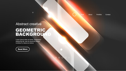 Abstract background landing page, geometric shape illuminated with glowing neon light on dark background. Futuristic city lights concept