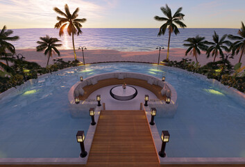 Teak wood tiles with pool and deck chairs. Park with trees and green grass with sea view. 3D rendering