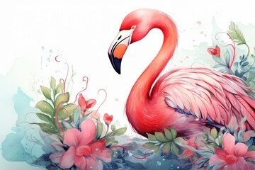 Naklejka premium Flamingo illustration with boho vibes and watercolor art depicting a captivating background. Generative AI