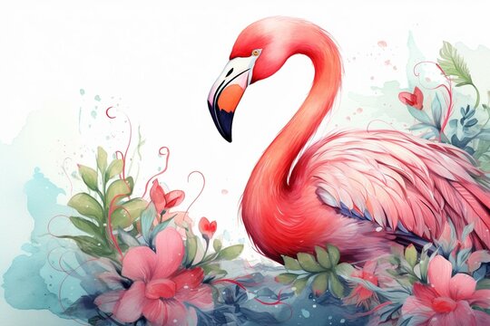 Flamingo illustration with boho vibes and watercolor art depicting a captivating background. Generative AI