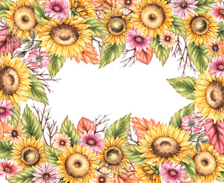 Watercolor frame template with autumn sunflowers