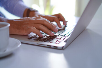 Man Typing on Laptop Keyboard, Creative Blog Writing Concept
 - obrazy, fototapety, plakaty