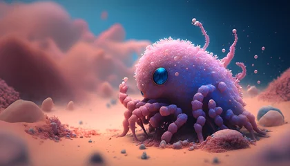 Fotobehang A translucent pink blob creature with many octopus tentacles tries to catch little blue creatures with a lot of fur that are on the dusty ground of mars very fine sand red dust ozone depth of field  © Michael