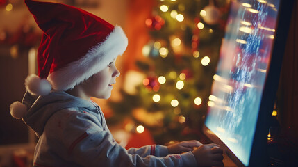 Fototapeta na wymiar boy dressed as santa claus, using computer at christmas