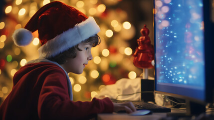 Fototapeta na wymiar boy dressed as santa claus, using computer at christmas
