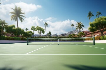 3D rendering of a tennis court with a sports-themed background. Generative AI - obrazy, fototapety, plakaty