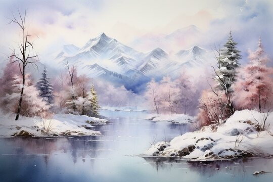 Winter landscape with mountains and lake, depicted in watercolor. Generative AI