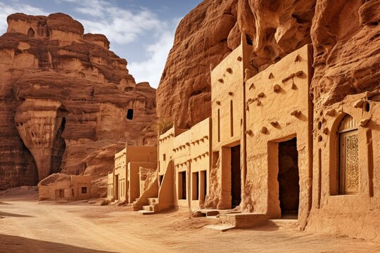 Desert architecture: picturesque brick buildings in Al-Ula. Generative AI