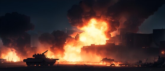 Explosion with smoke and fire on a remote battle field in a run down city at night. from Generative AI