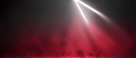 Rays of light from a spotlight in plain black background with red smoke from Generative AI