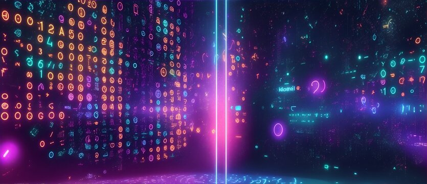 Abstract technological background with binary code and holographic elements illuminated by colorful lights from Generative AI