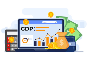Gross domestic product concept flat illustration vector template, Stacks of money, National economy, Monetary policy, GDP,  Economic Growth, Public finance, Growth graphs and chart on laptop screen - obrazy, fototapety, plakaty