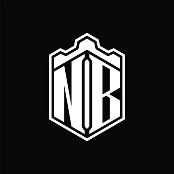 recommend clip art: NB Letter Logo monogram hexagon shield shape crown castle with outline style design