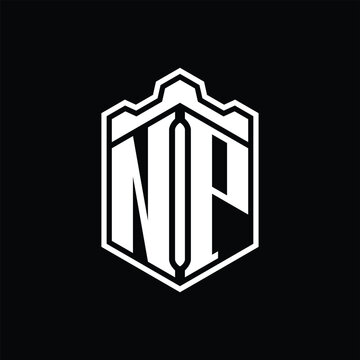 recommend clip art: NP Letter Logo monogram hexagon shield shape crown castle with outline style design