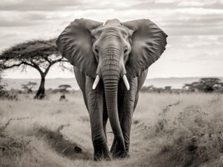 Obraz premium Elephant walking in the middle of the African savannah. Generative AI