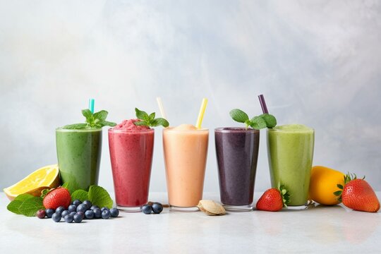 Various nutritious smoothies displayed in a corner-bordered banner on a marble backdrop. Flavors include blueberry, strawberry, green, and orange. Ample space for text. Generative AI