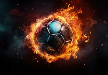 Fototapeta premium Soccer ball on fire, black background. Generative AI