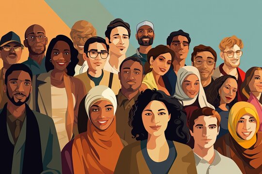 Illustration of a group of people from different cultures and ethnicities. Generative AI