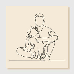 Continuous single one line drawing of happy man playing with dog pet. Vector illustration