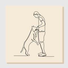 Continuous single one line drawing of happy man playing with dog pet. Vector illustration