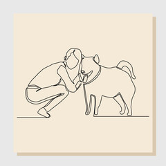 Continuous single one line drawing of happy young woman playing with dog pet. Vector illustration
