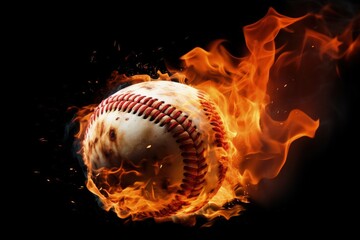 Burning baseball, black background. Generative AI