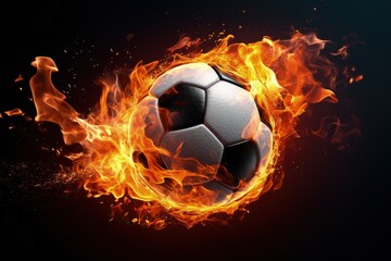 Fototapeta premium Soccer ball on fire, black background. Generative AI