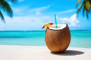 Illustration of a dry coconut opened with a straw on the beach sand, sea in the background. Generative AI