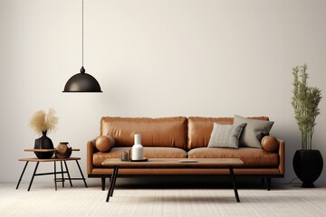 3D-rendered living room with brown sofa and black accessories on white background. Generative AI - obrazy, fototapety, plakaty
