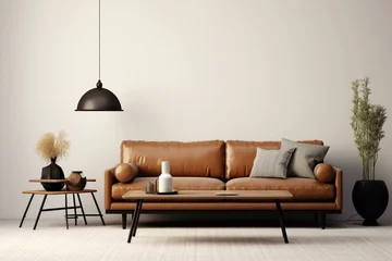 Poster 3D-rendered living room with brown sofa and black accessories on white background. Generative AI © Aidenyas