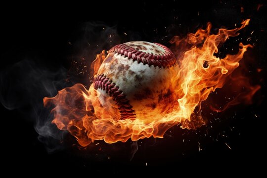 Burning baseball, black background. Generative AI