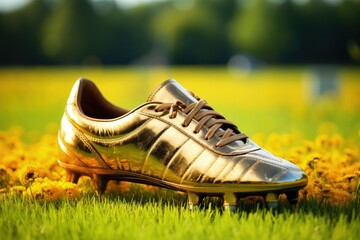 Golden football boot, on lawn, bokeh background. Generative AI