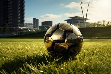 Golden soccer ball, on lawn, football stadium. Generative AI - obrazy, fototapety, plakaty