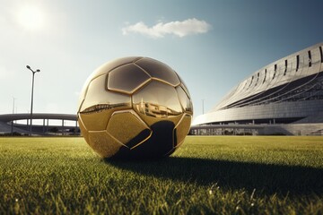Golden soccer ball, on lawn, football stadium. Generative AI