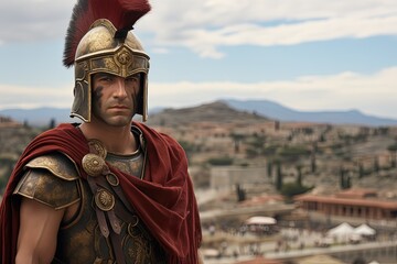 Obraz premium Roman soldier with armor and helmet, city in the background. Generative AI